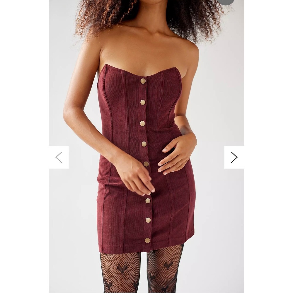 Urban Outfitters Cali Corduroy Corset Mini Dress Wine Burgundy Strapless Med NWT